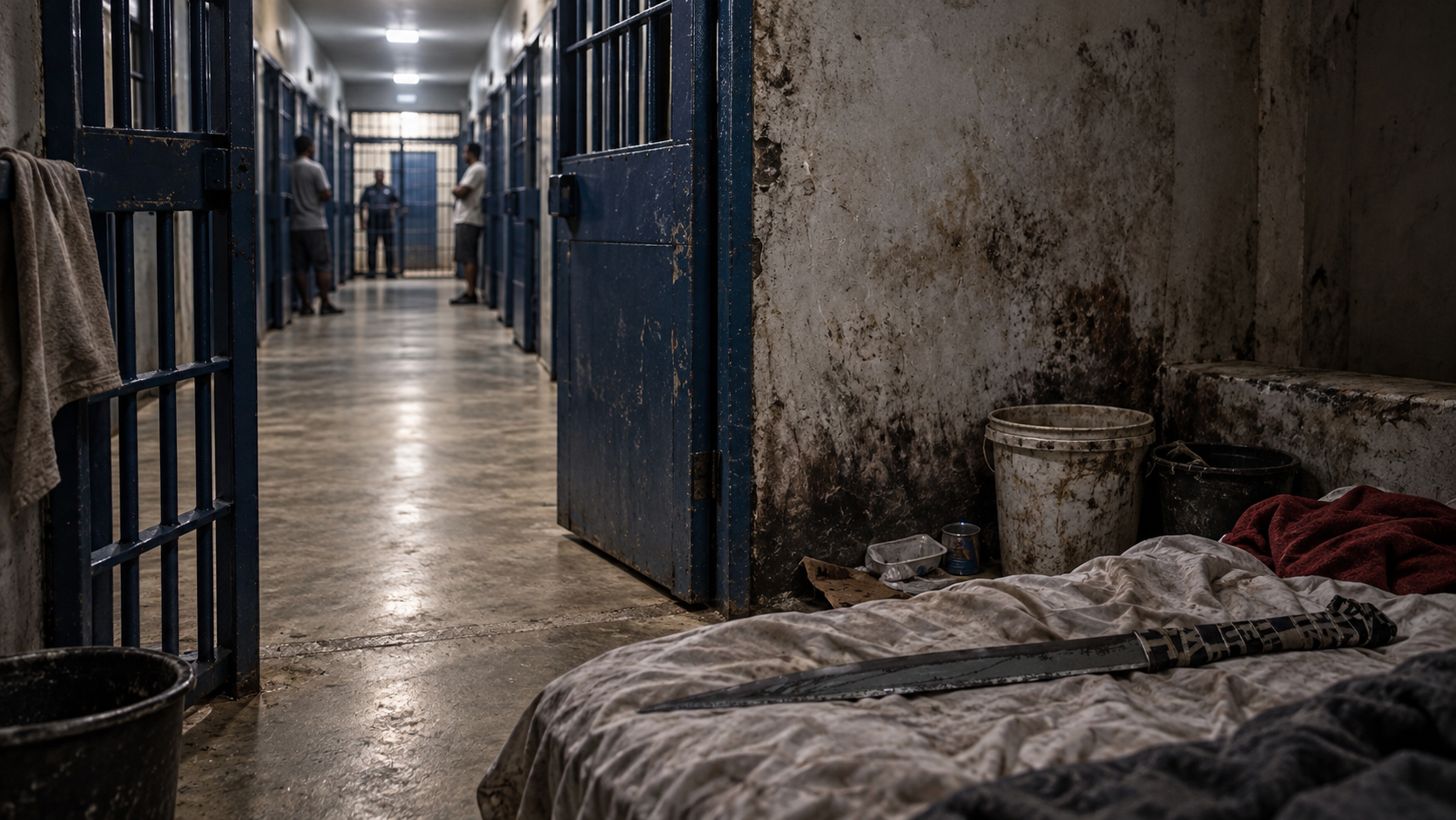 Artistic reconstruction inspired by book photographs: blue Najayo cell doors, mold-stained walls, dirty bedding and an improvised blade